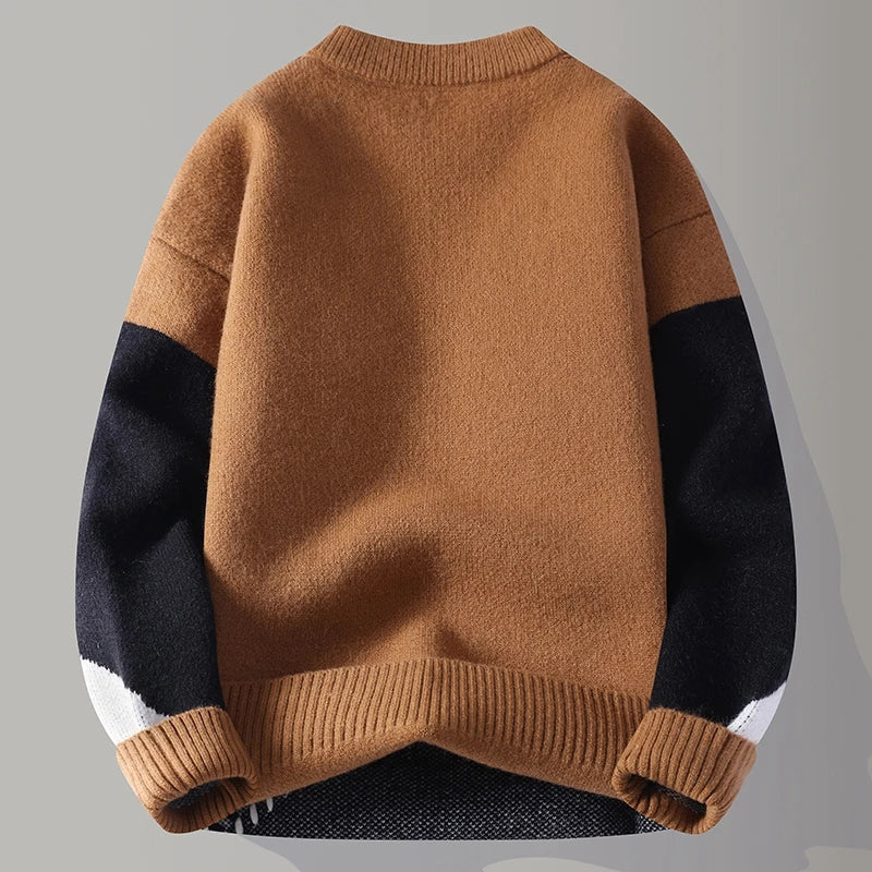 Unisex Geometric Patchwork Crew Neck Sweater, Long Sleeves