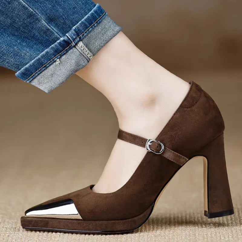 Women's Mary Jane High Heel Pumps with Patent Cap Toe and Block Heel