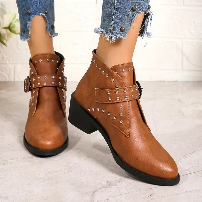 Women's Studded Ankle Boots with Block Heel and Buckle Strap