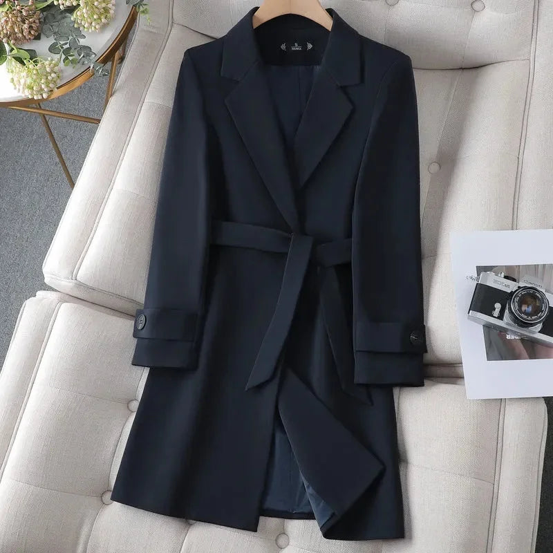Women's Belted Blazer Coat with Collar and Button Detail