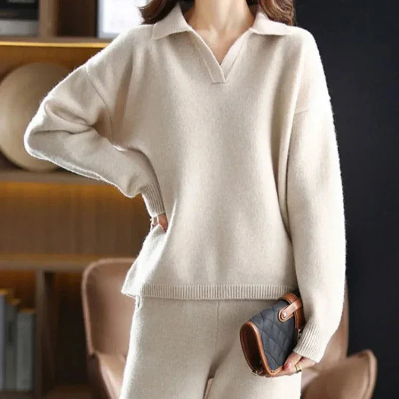 Women's Collared Loungewear Set with Ribbed Cuffs