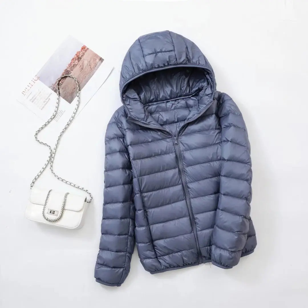 Women's Lightweight Hooded Puffer Jacket with Zipper Front