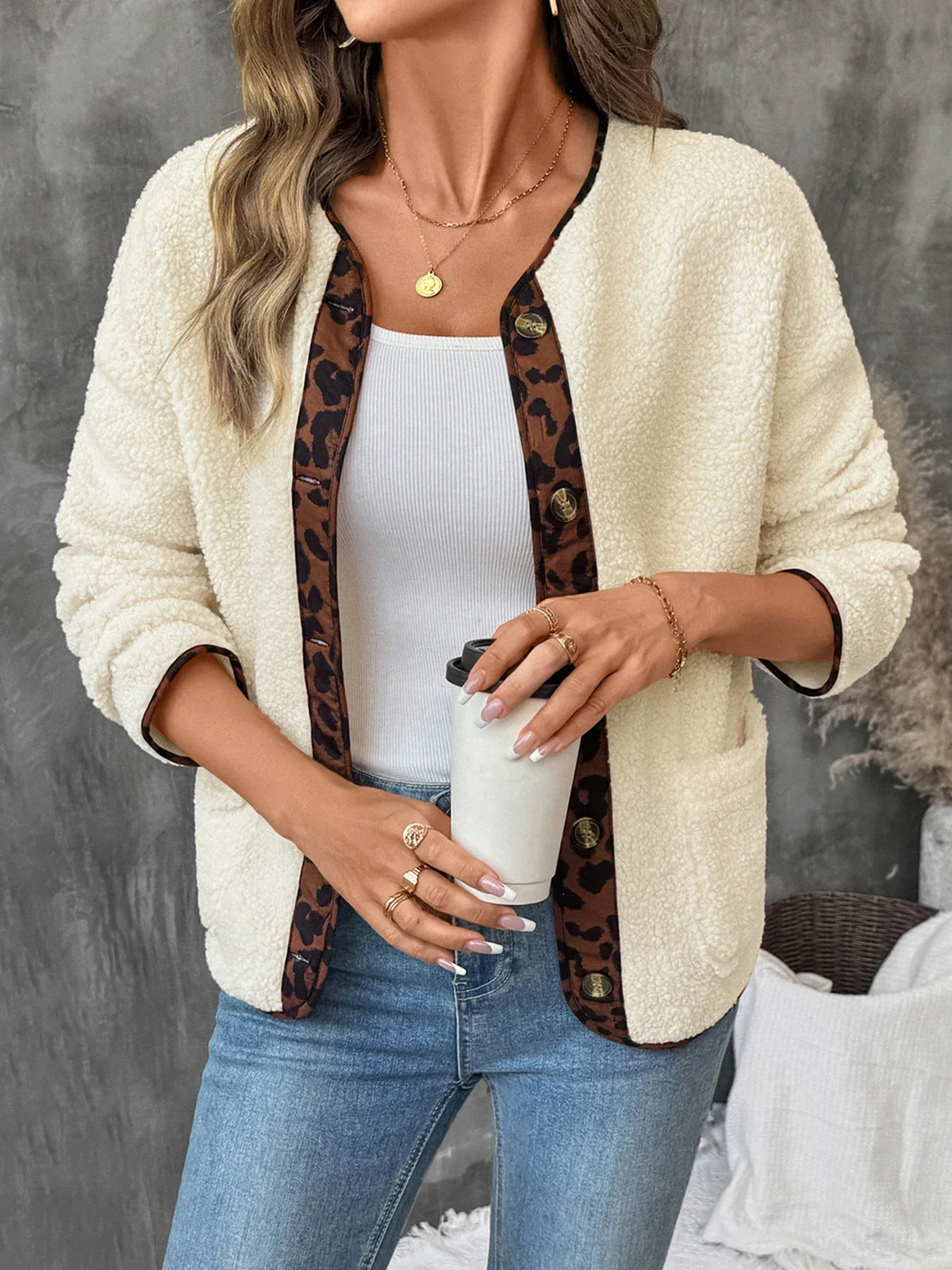 Women's Leopard Trim Teddy Cardigan Collarless