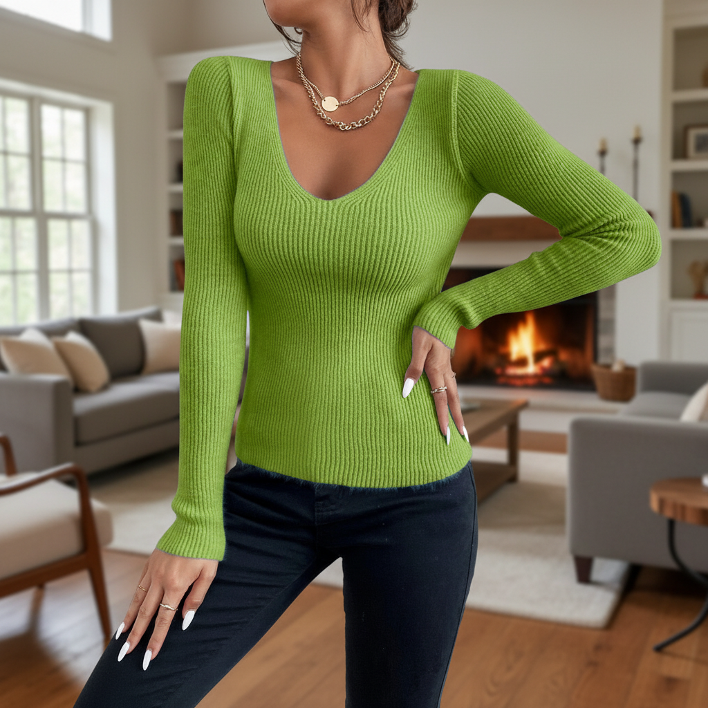 Women's Ribbed V-Neck Sweater with Long Sleeves