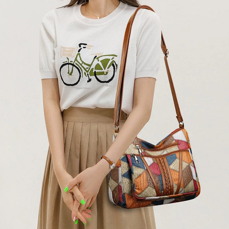 Women's Mosaic Patchwork Crossbody Bag Multi-Pocket