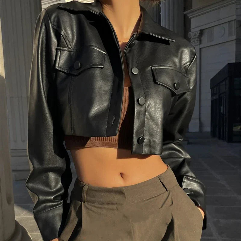 Stylish Faux Leather Cropped Jacket