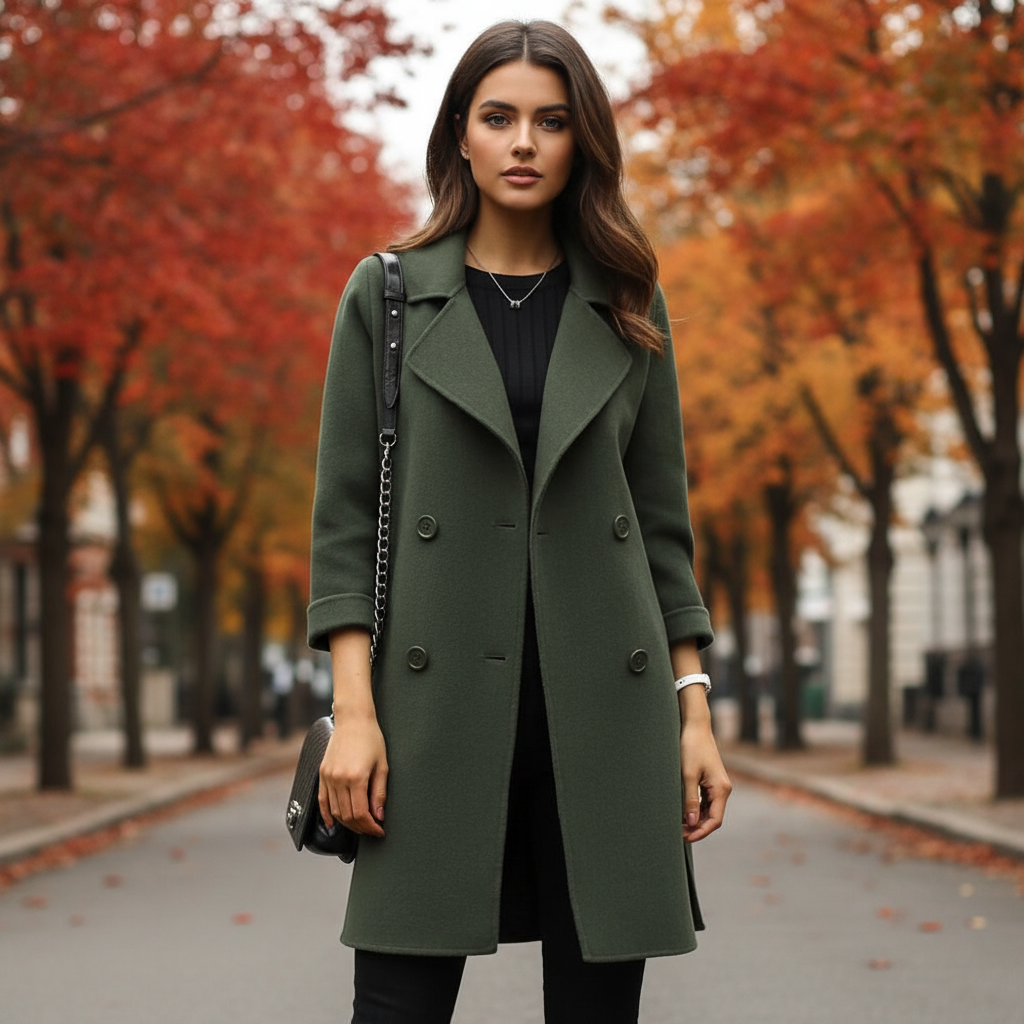 Women's Double-Breasted Wool Coat with Notched Collar