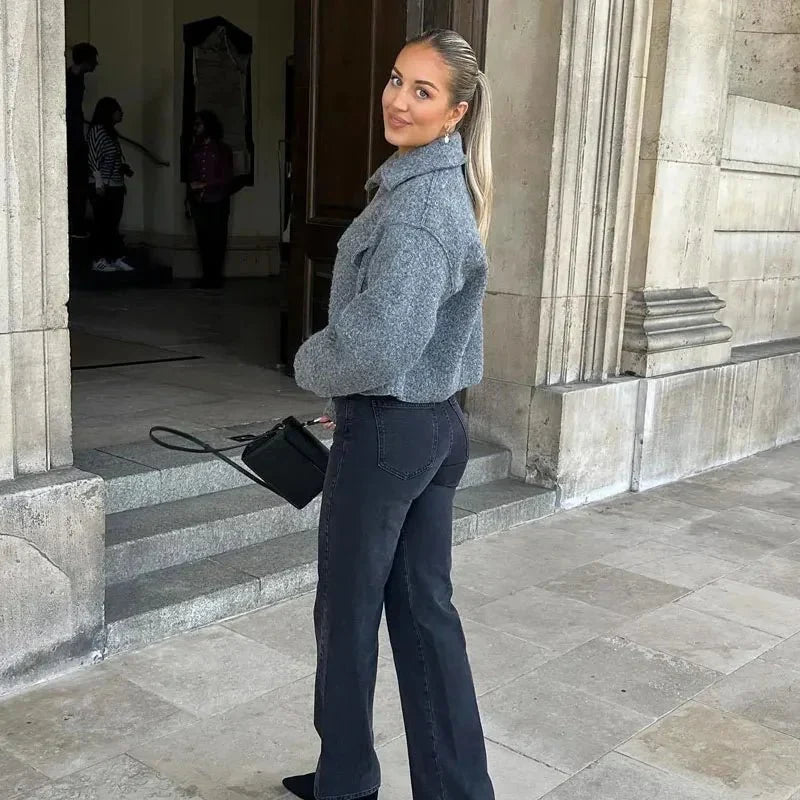 Women's Cropped Jacket with Zip Front and Relaxed Fit