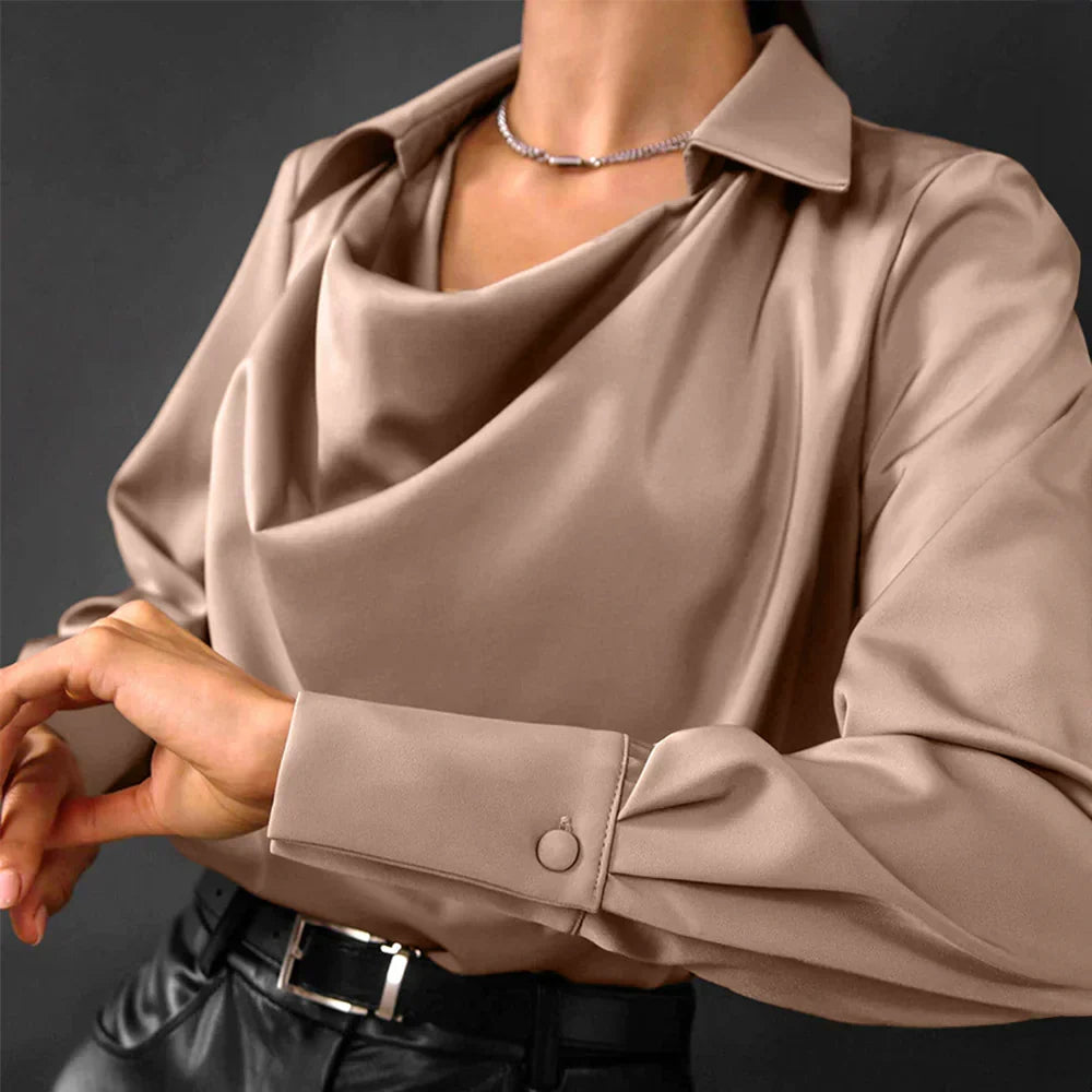 Samantha | Women’s Drape Neck Long Sleeve Satin Blouses
