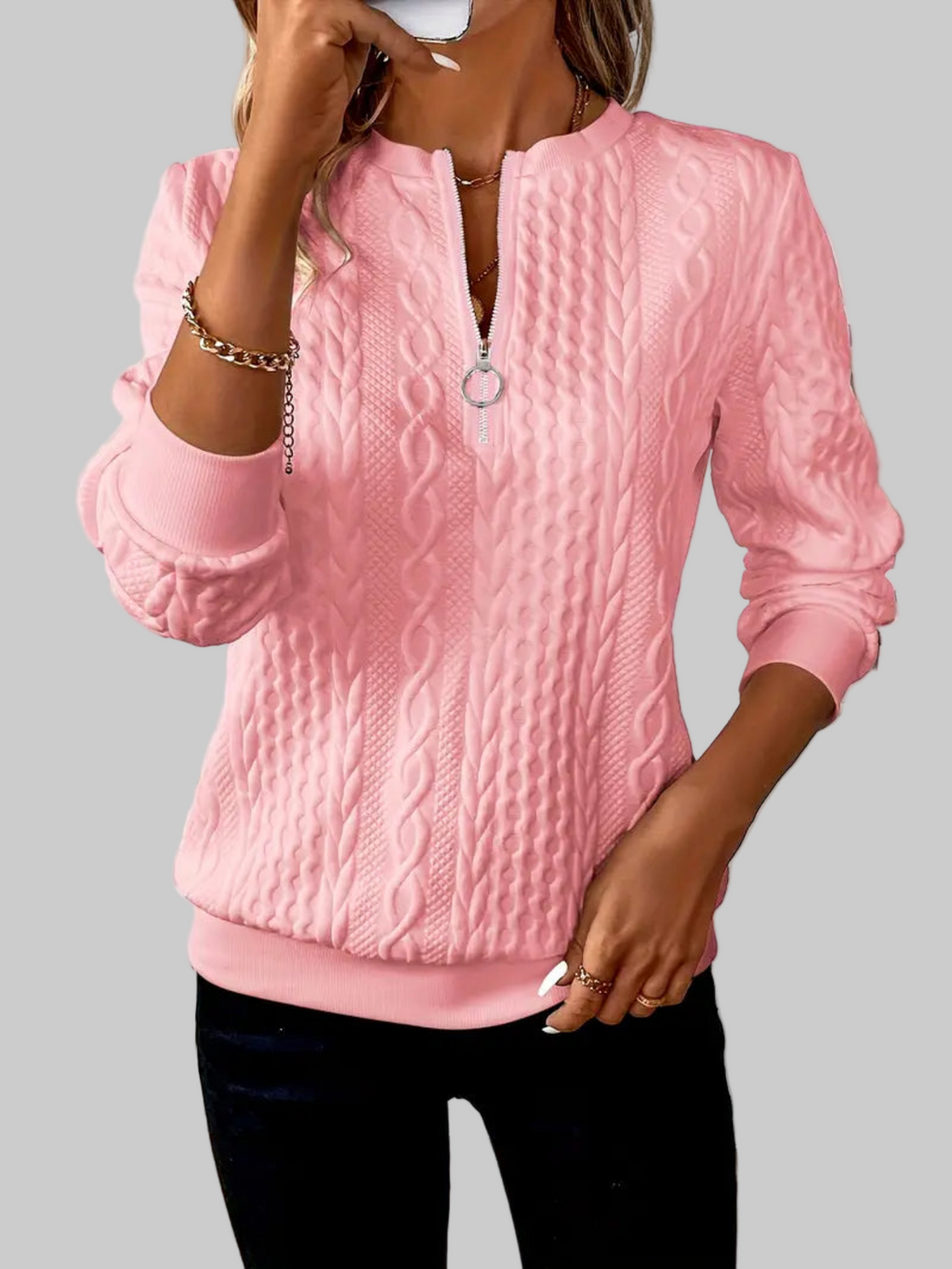 Women's Textured Cable Knit Zip Sweater, Crew Neck, Long Sleeves