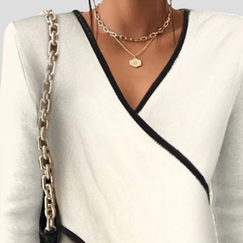 Women's Wrap-Front Knit Top with V-Neck and Trim