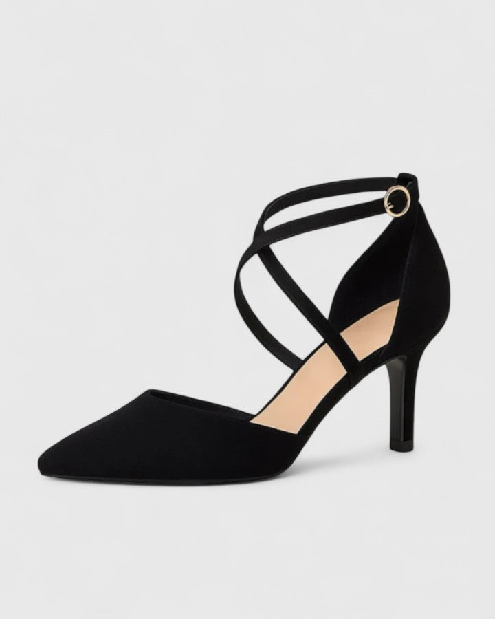 Women's Pointed Toe Heels with Ankle Strap and Lace Detail