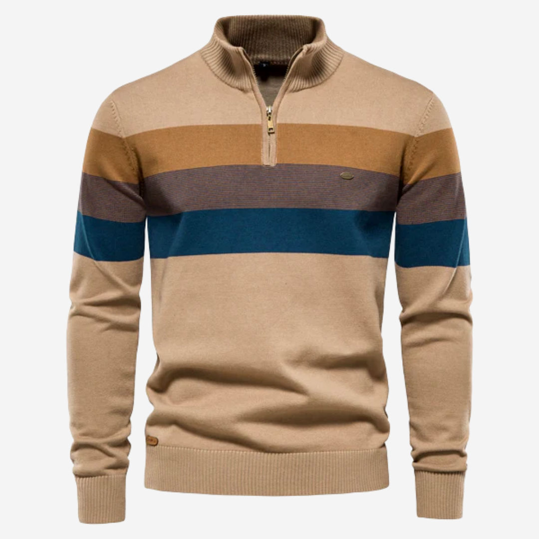 Men's Striped Quarter-Zip Mock Neck Sweater, Long Sleeves