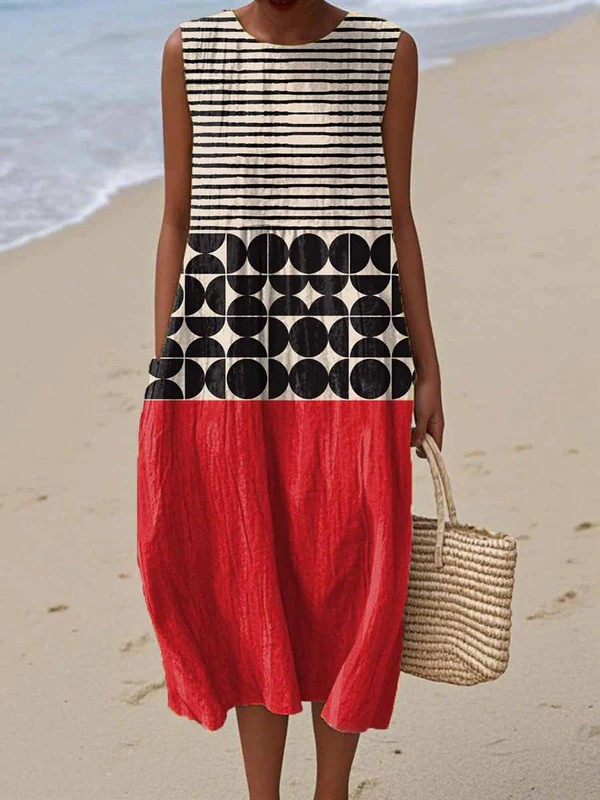 Women's Midi Dress with Colorblock Design and Relaxed Fit