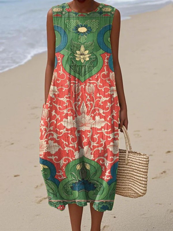 Women's Bohemian Midi Dress with Floral Print and Relaxed Fit