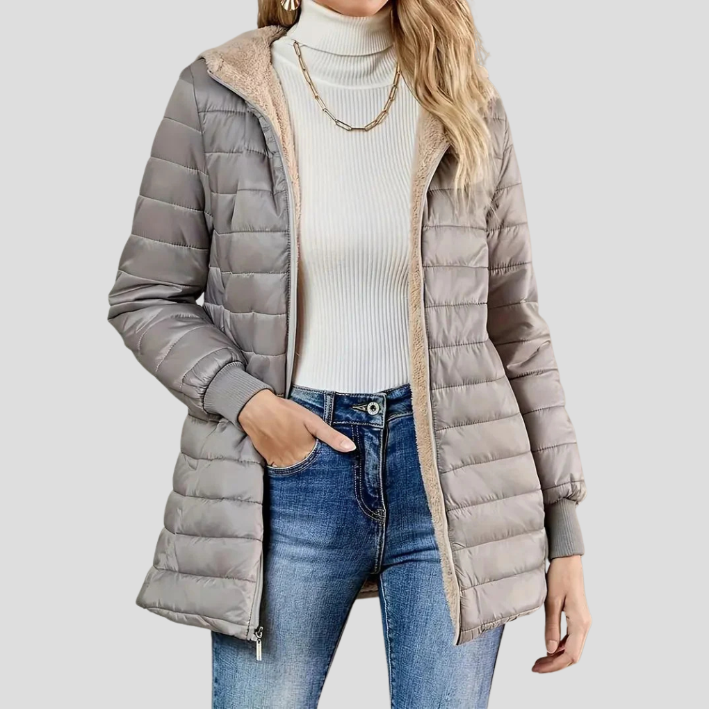 Women's Quilted Puffer Jacket with Hood and Sherpa Lining