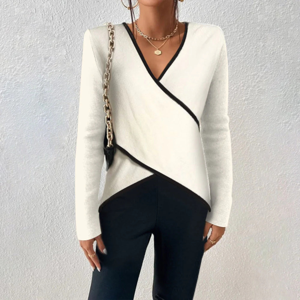 Women's Wrap-Front Knit Top with V-Neck and Trim