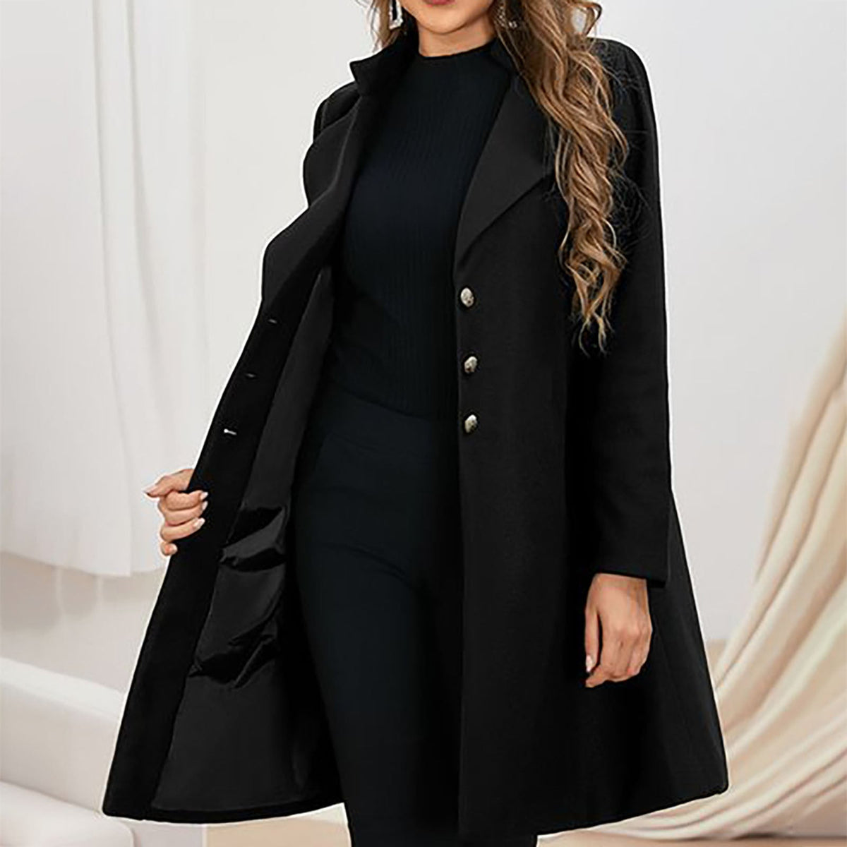 Women's Tailored Longline Coat, Notched Lapels, Button Front
