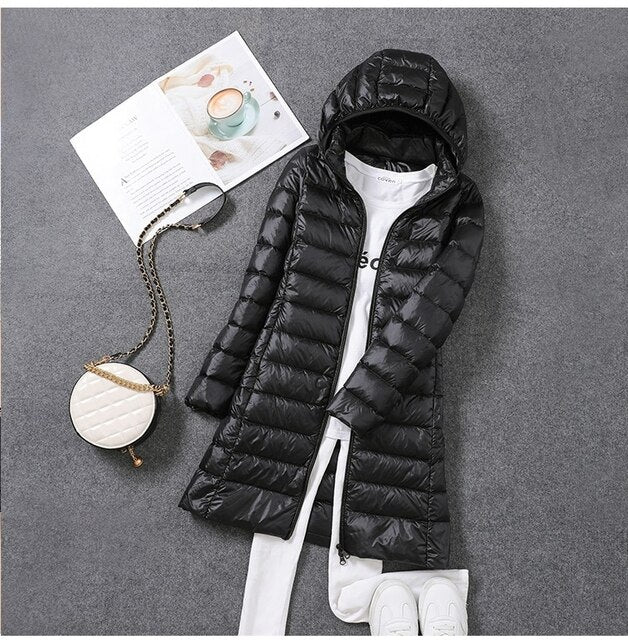 Women's Hooded Longline Puffer Coat, Full Length, Zip Front