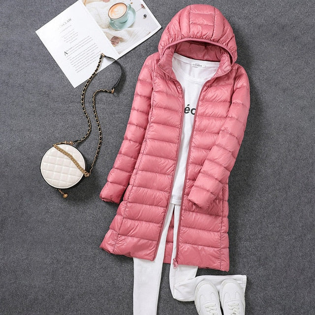 Women's Hooded Longline Puffer Coat, Full Length, Zip Front