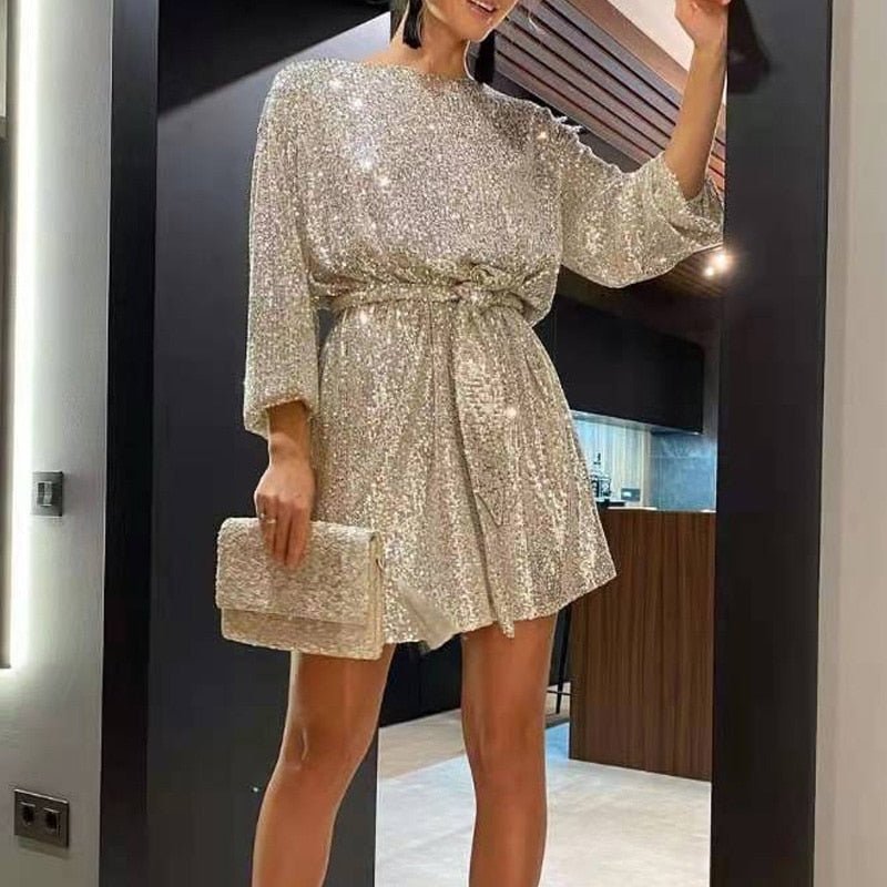 Women's Sequin Asymmetric Mini Dress Off-Shoulder