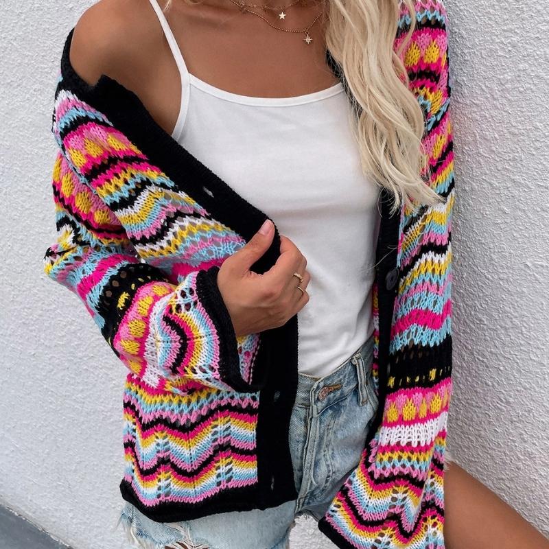 Women's Striped Knit Cardigan, V-Neck, Button Front, Long Sleeves