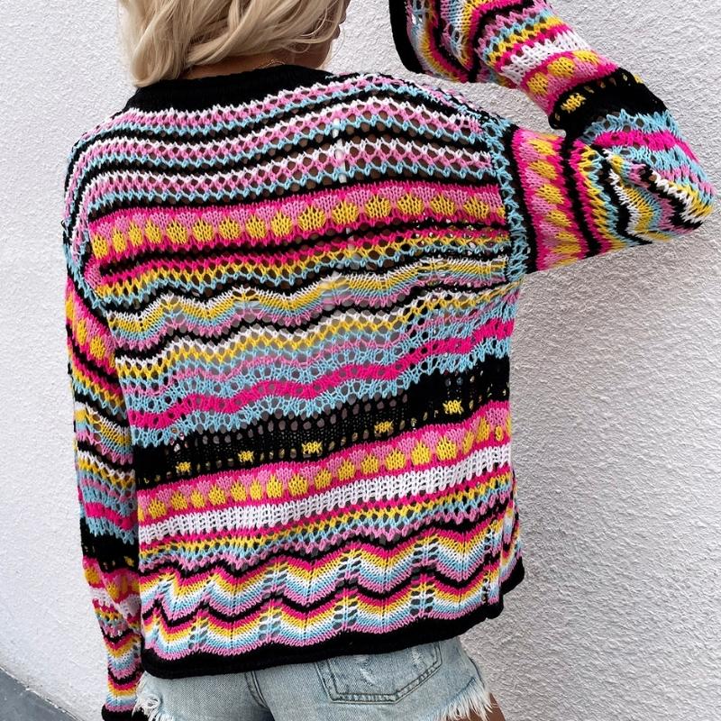 Women's Striped Knit Cardigan, V-Neck, Button Front, Long Sleeves
