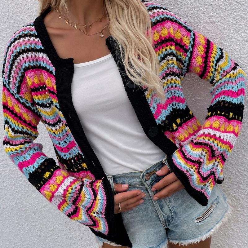 Women's Striped Knit Cardigan, V-Neck, Button Front, Long Sleeves