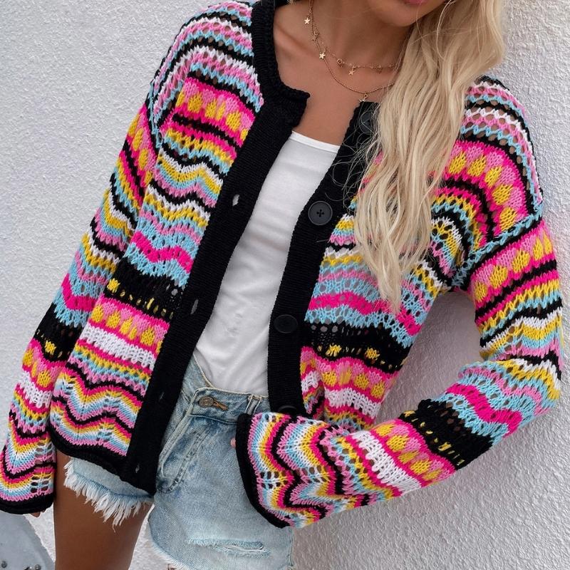 Women's Striped Knit Cardigan, V-Neck, Button Front, Long Sleeves