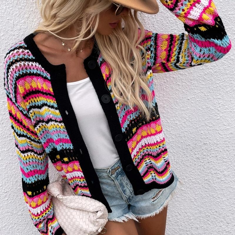 Women's Striped Knit Cardigan, V-Neck, Button Front, Long Sleeves