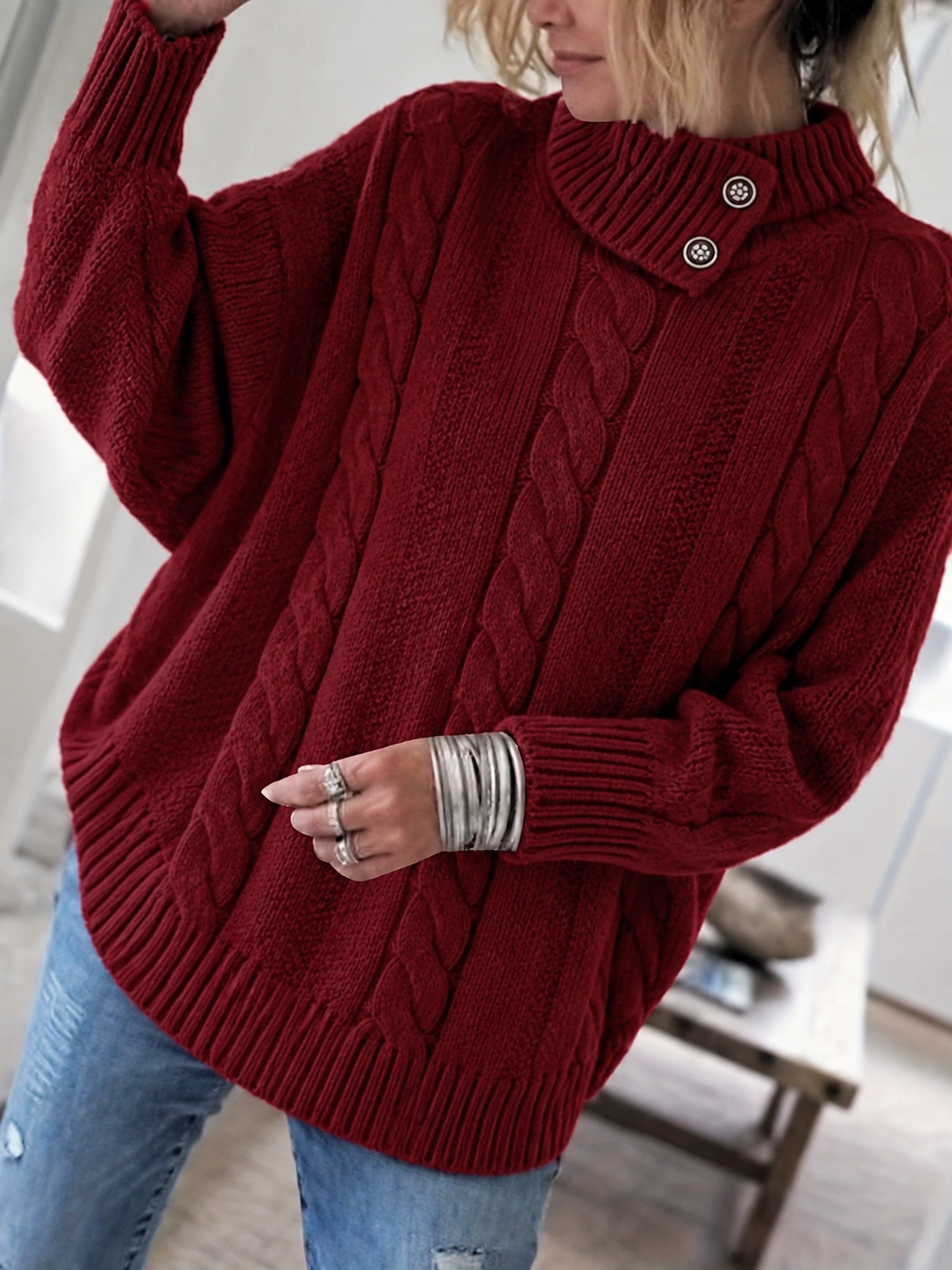 Women's Cable-Knit High-Neck Sweater with Relaxed Fit