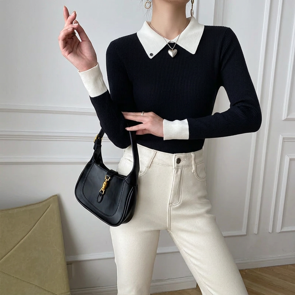 Women's Collared Turtleneck Sweater Ribbed Knit Top