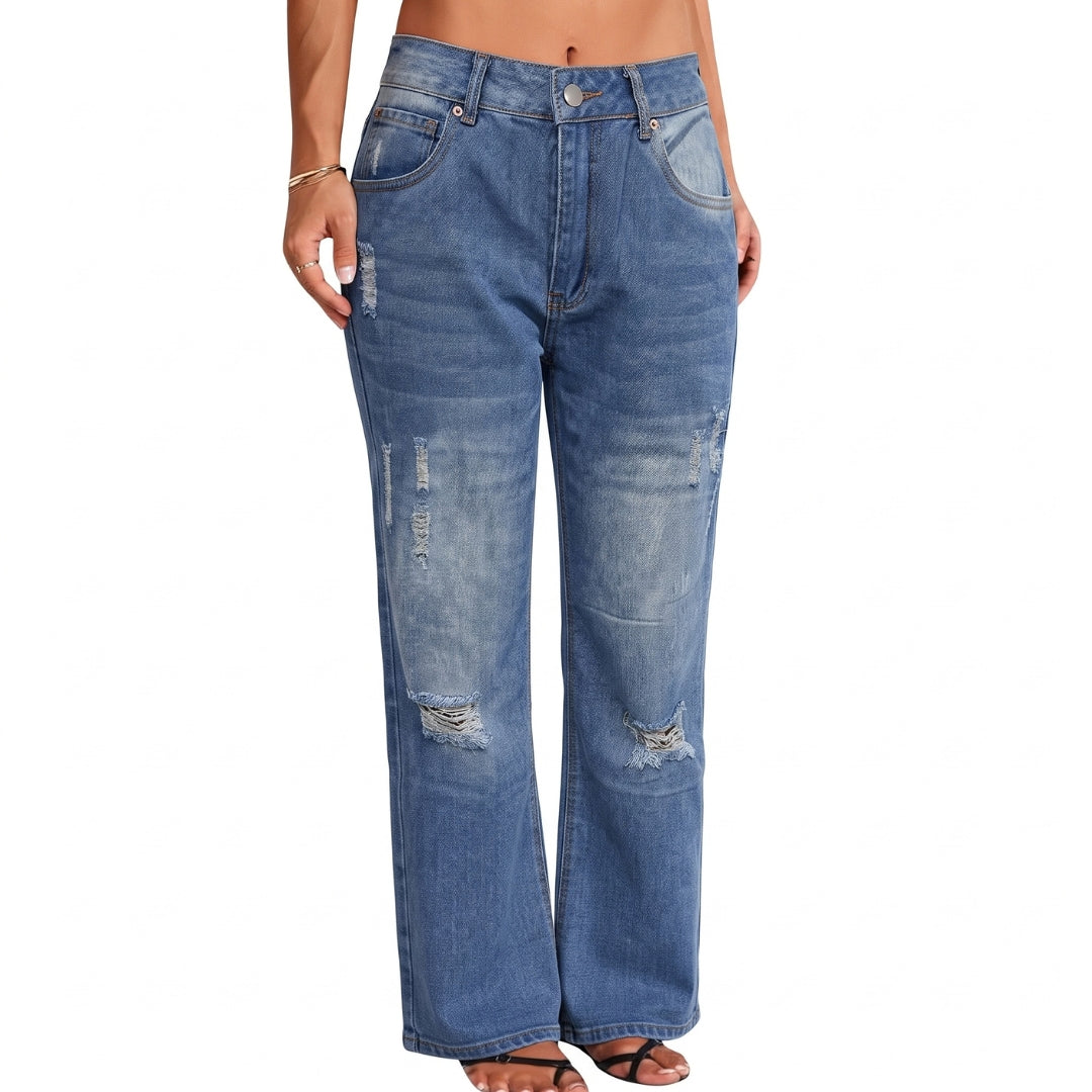 Women's Distressed Wide-Leg Jeans with Button Fly