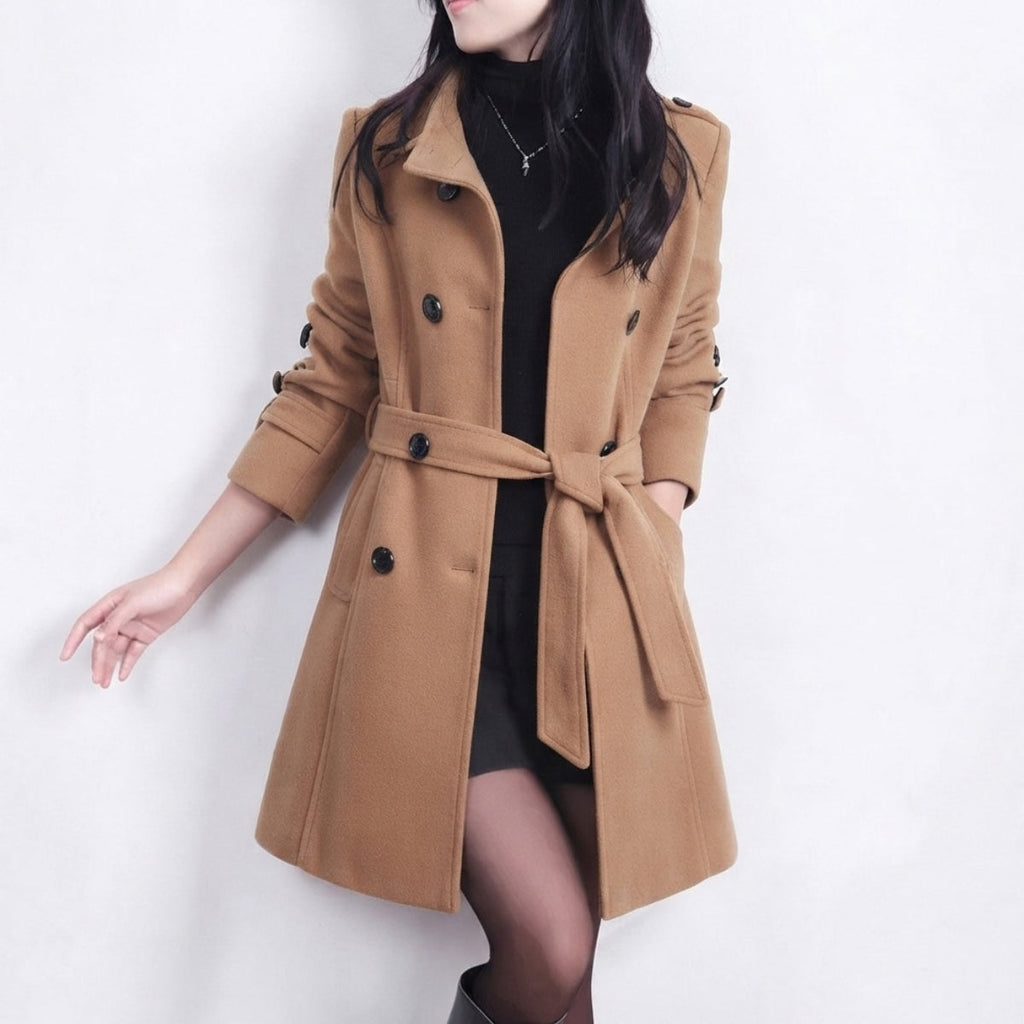 Women's Double-Breasted Trench Coat with Waist Belt
