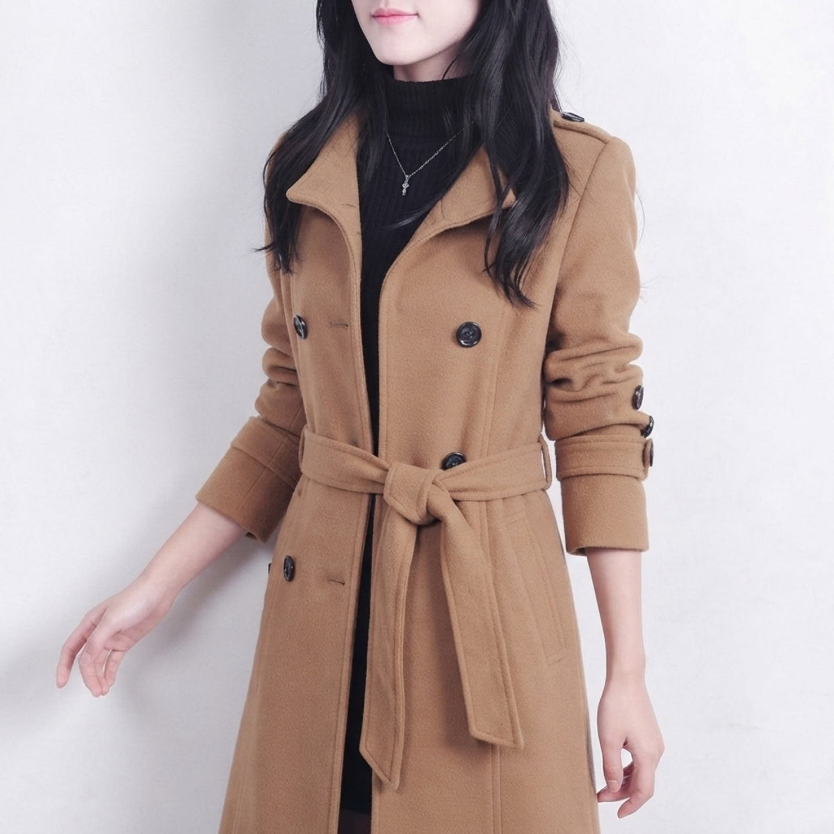Women's Double-Breasted Trench Coat with Waist Belt