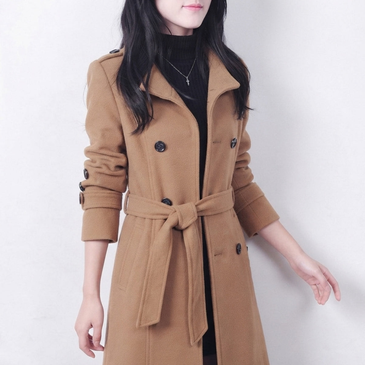 Women's Double-Breasted Trench Coat with Waist Belt