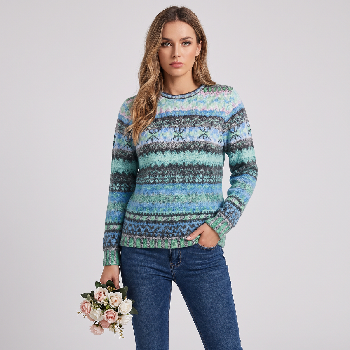 Women's Fair Isle Striped Pullover Sweater Round Neck