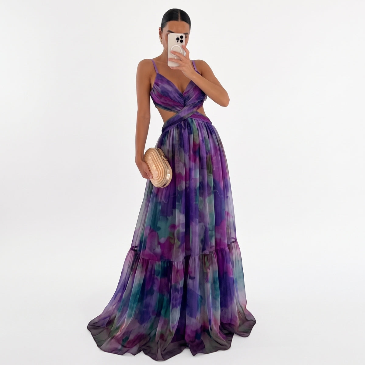 Women’s Maxi Dress with Floral Print and Fitted Waist