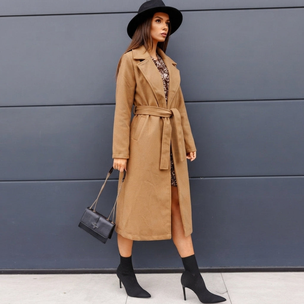 Women's Notched Lapel Long Coat with Button Front