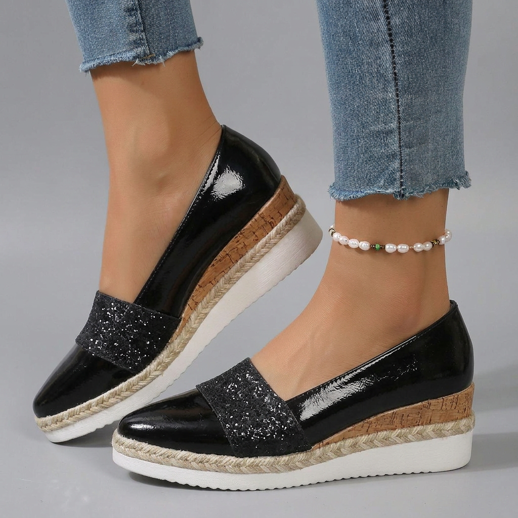 Women's Orthopedic Metallic Glitter Wedge Loafers with Lightweight Platform Sole