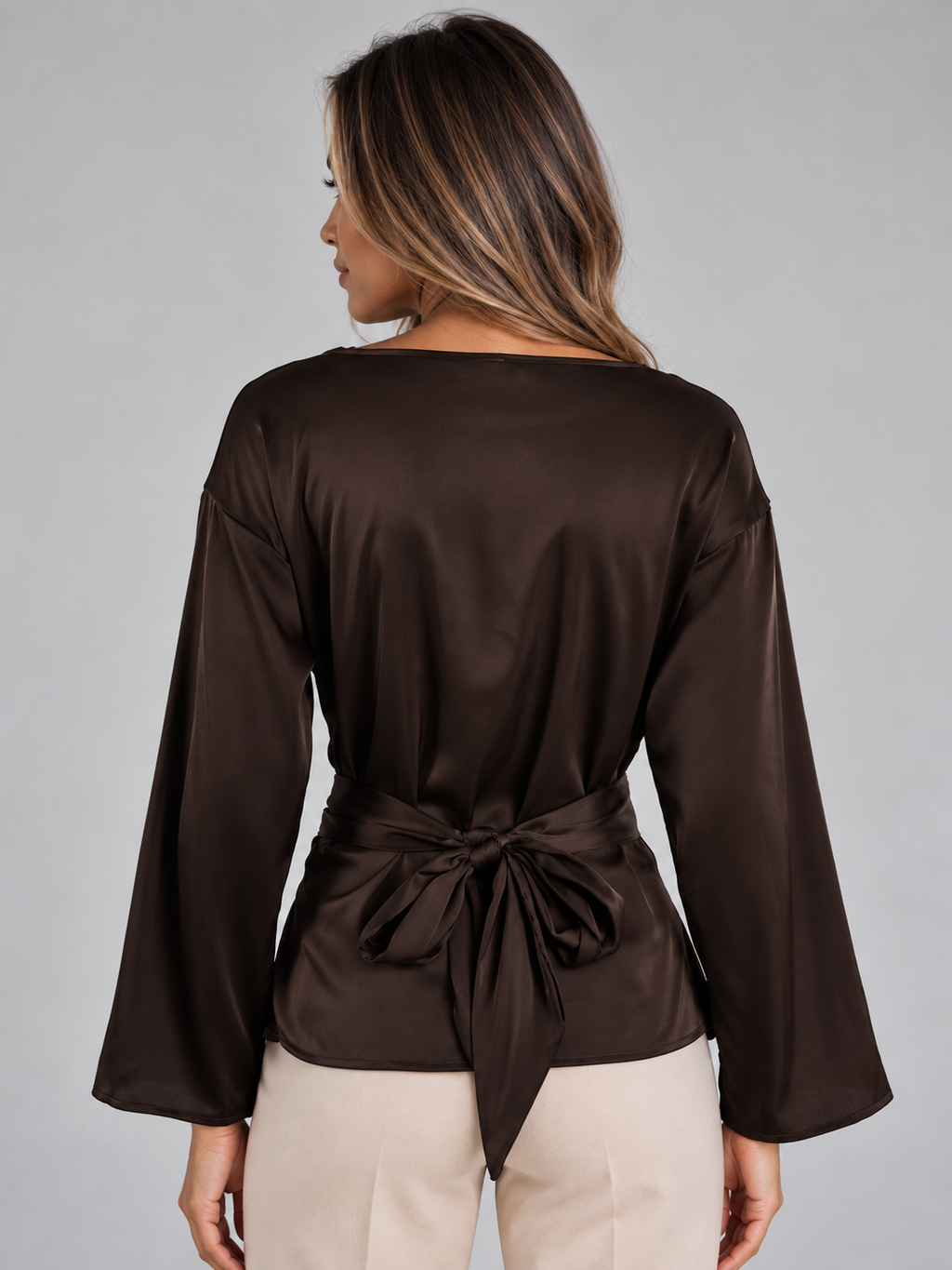 Montarello Women's Blouse Satin-Look Tie Waist Long Sleeve