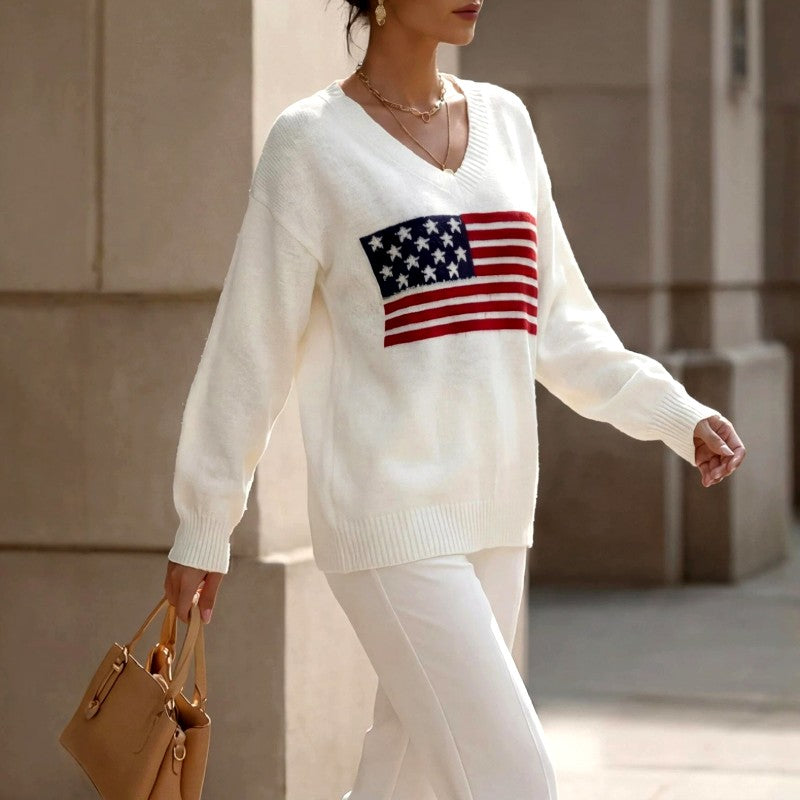 Women's American Flag V-Neck Knit Sweater
