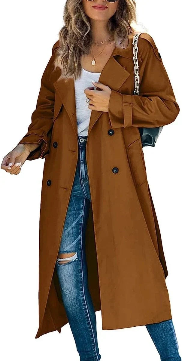 Women's Belted Double Breasted Long Sleeve Trench Coat
