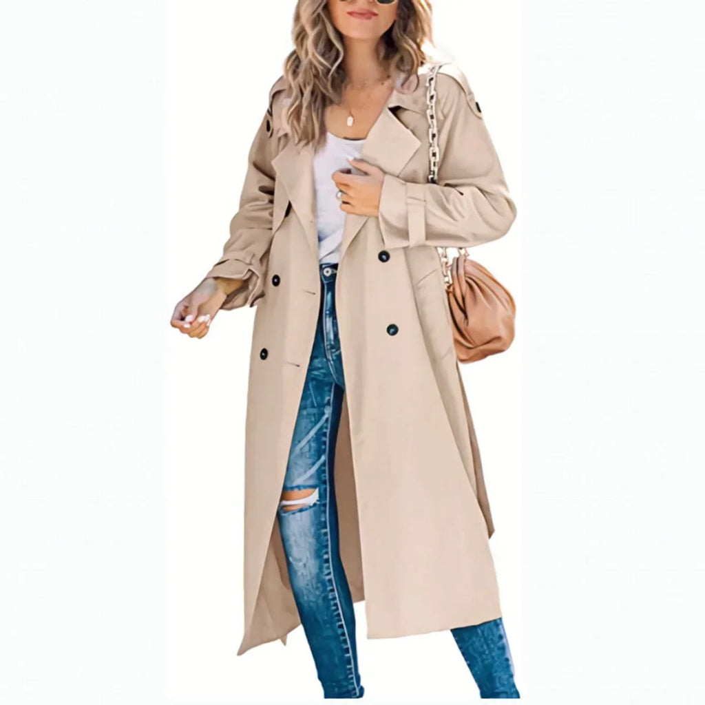 Women's Belted Double Breasted Long Sleeve Trench Coat