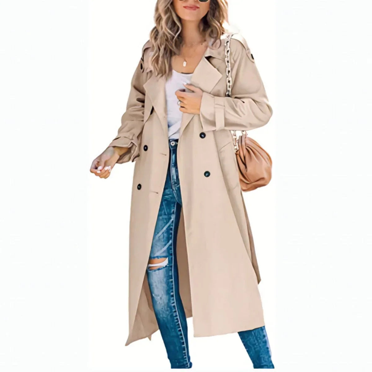Women's Belted Double Breasted Long Sleeve Trench Coat