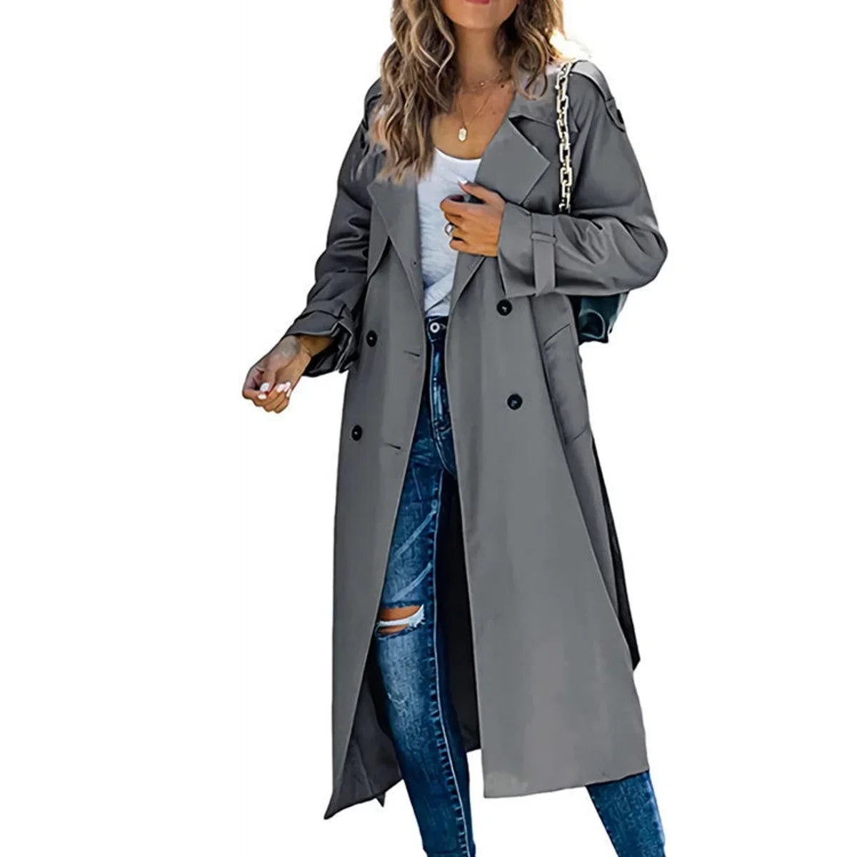 Women's Belted Double Breasted Long Sleeve Trench Coat