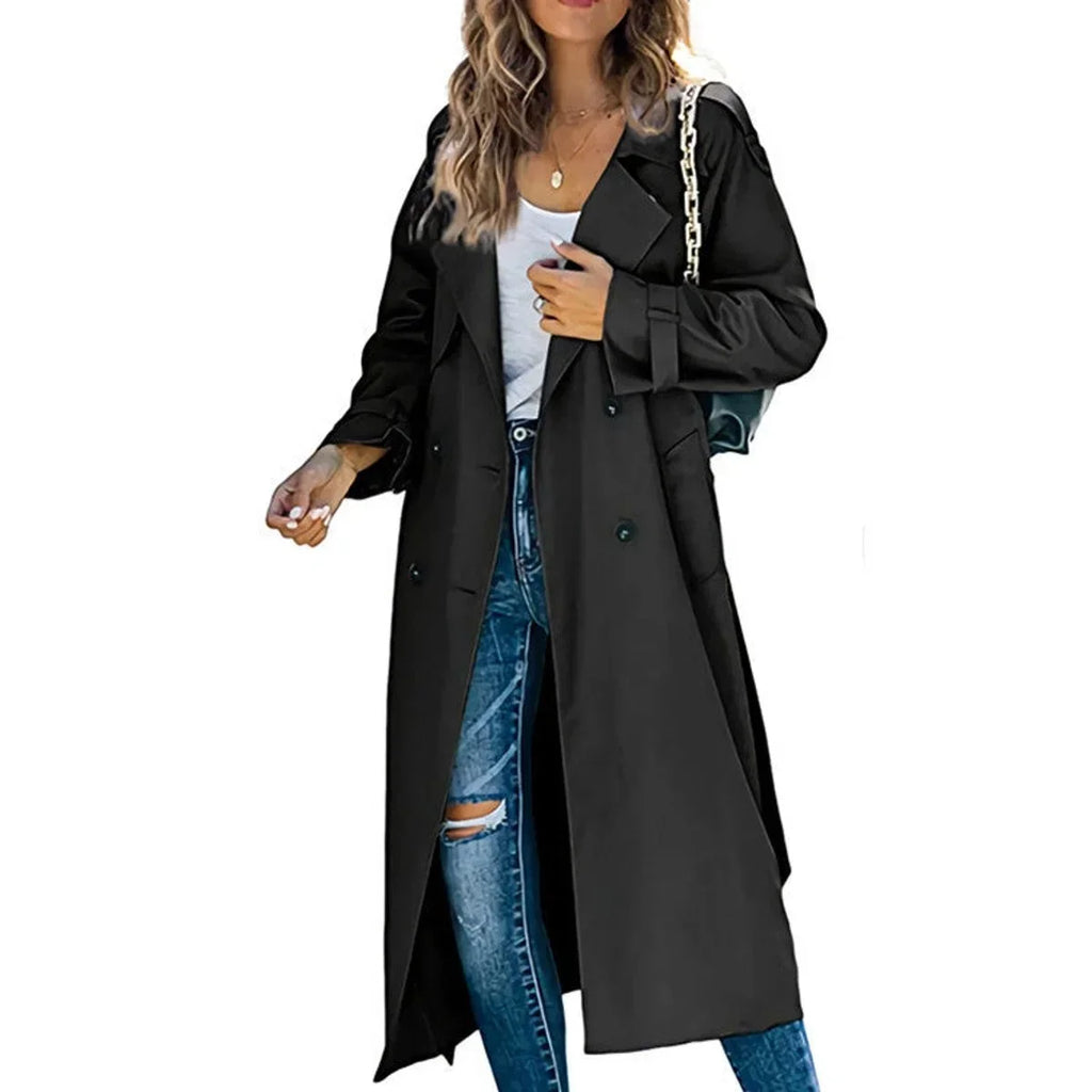 Women's Belted Double Breasted Long Sleeve Trench Coat