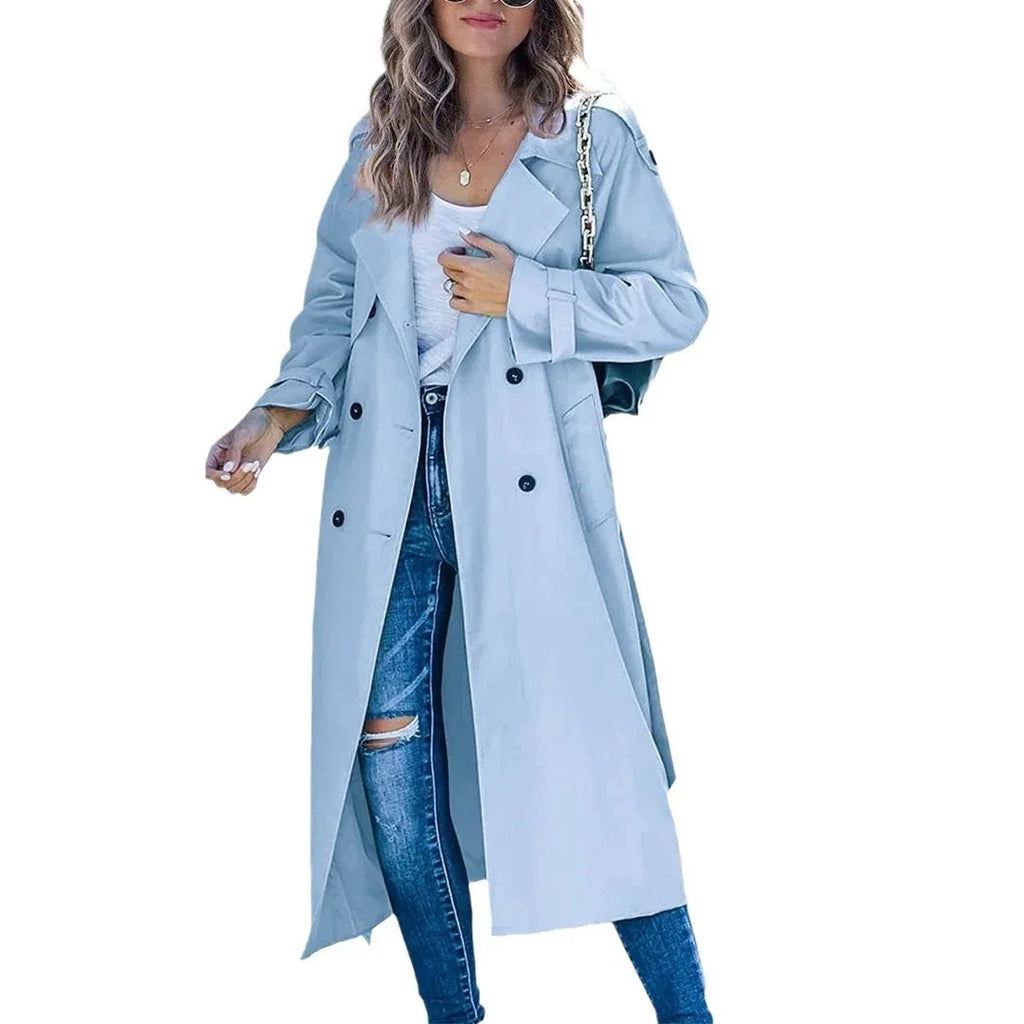 Women's Belted Double Breasted Long Sleeve Trench Coat