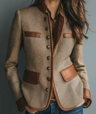 Women's Brown Leather Jacket with Tweed Collar and Button Front