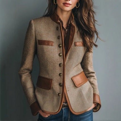 Women's Brown Leather Jacket with Tweed Collar and Button Front